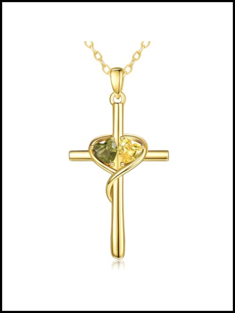 14K Gold Toned Cross Pendant Necklace Double Heart Birthstone 20"